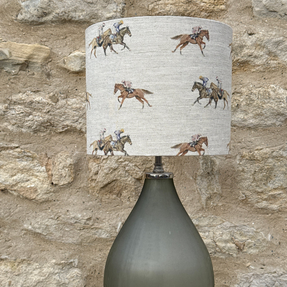 Race Day lampshade on a table lamp, designed by Susan Brunskill, handmade in the UK